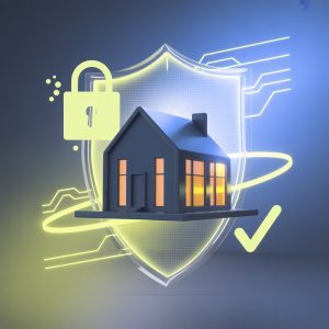 Guía visual para sistema de alarma Ajax: Casa moderna protegida por escudo holográfico dorado sobre fondo tecnológico azul con circuitos luminosos. Elementos de seguridad avanzada y ambiente tranquilo que combina tecnología inteligente con protección residencial.